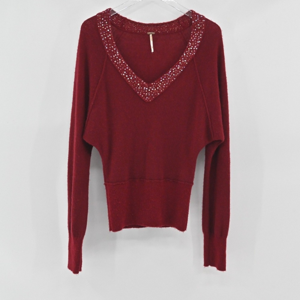 Free People Sequin V-Neck Dolman Sweater Womens Size M Burgundy Wool Blend Boho